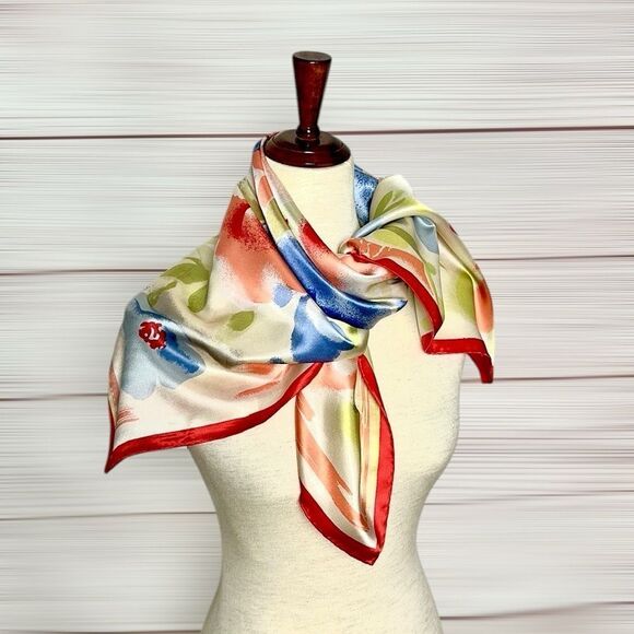 Silk Satin Square Scarf Floral Watercolor Print Hand Rolled Hand Printed 34x34” - Picture 10 of 12